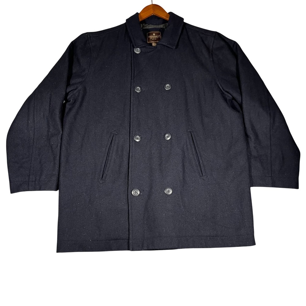 Steve & Barrys Mens Wool Blend Pea Coat Navy Blue‎ Double Breasted XL Jacket